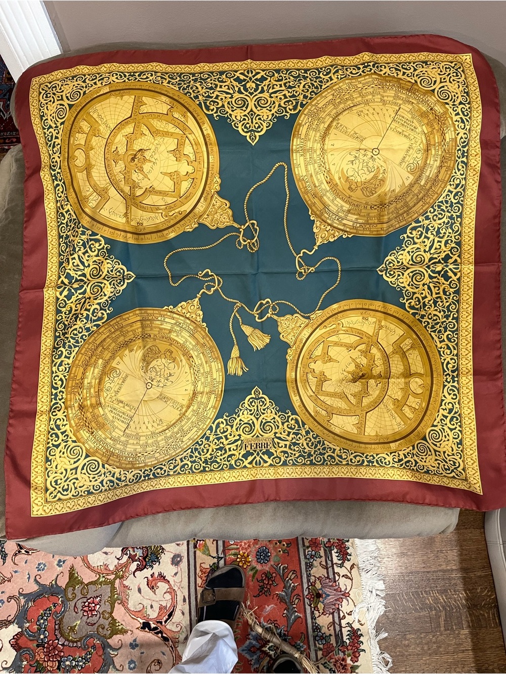 Gianfranco Ferre Gold Medallion Scarf in Teal & Burgundy